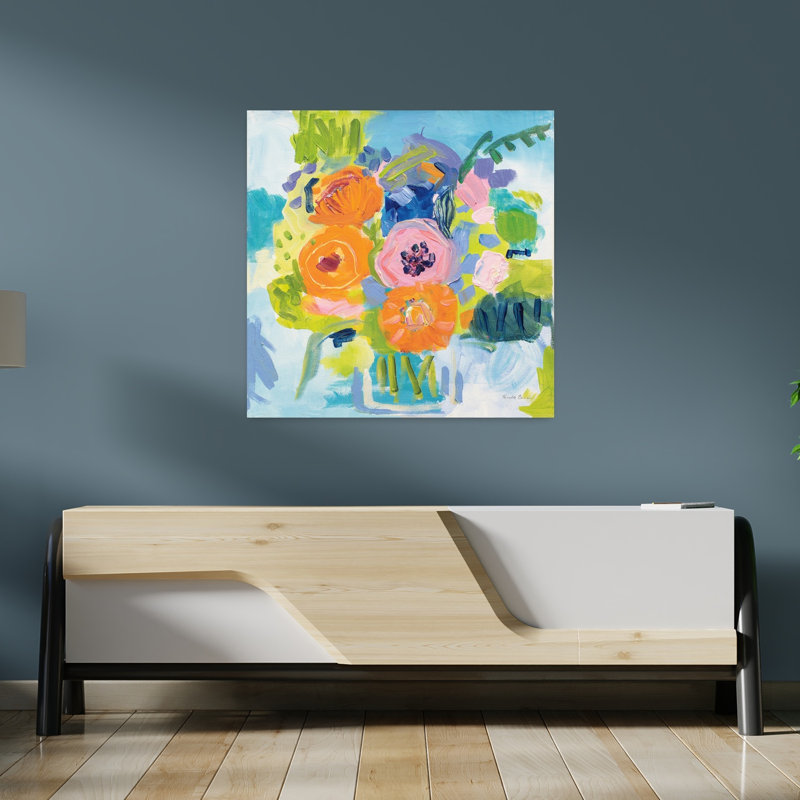 Bouquet d'été contemporain avec art abstrait bleu, H 36 po x l 36 po
