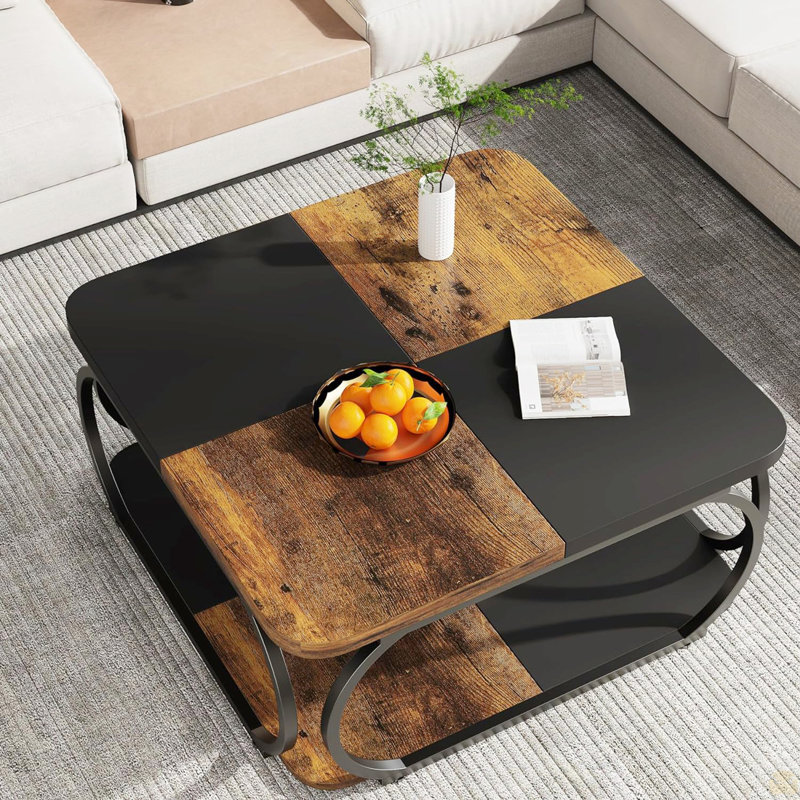 Table basse carrée 39 "avec tablette de rangement - Table basse à 2 niveaux avec structure incurvée en métal robuste