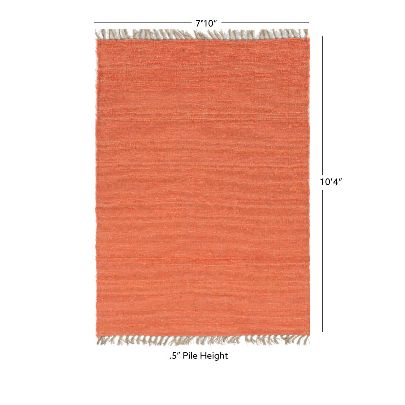 Brogan Berber Reversible Coral Orange Wool Area Rug with Jute Core and Jute Fringe, Rectangle 3'6'' x 5'6''