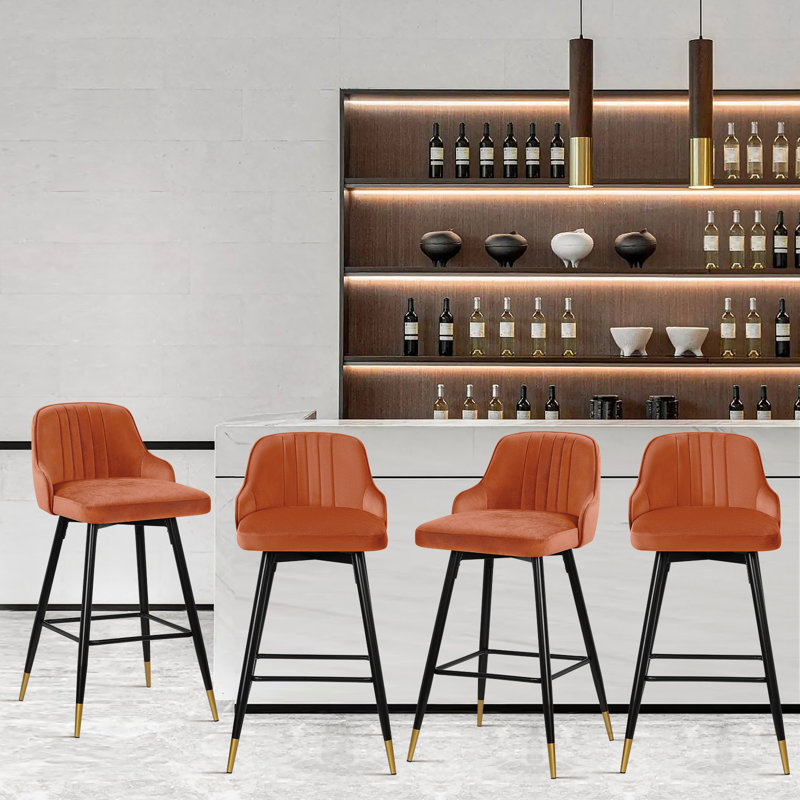 Swivel Velvet Upholstered Counter & Bar Stool With Solid Metal Frame, Orange, Counter Stool (65cm Seat Height)