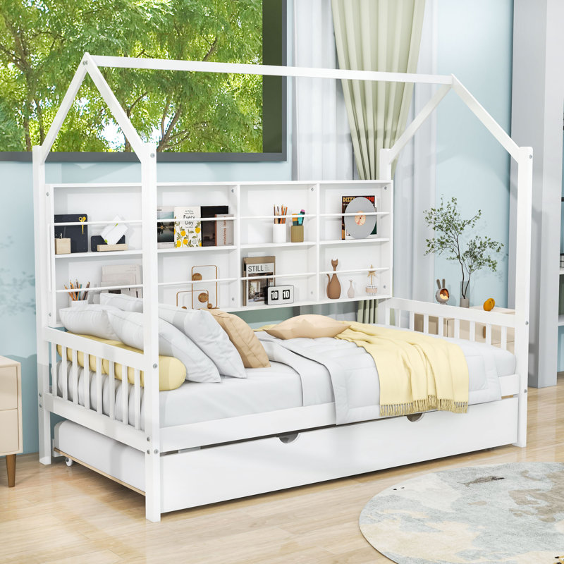 Wooden House Daybed with Twin Trundle and Shelves, Twin