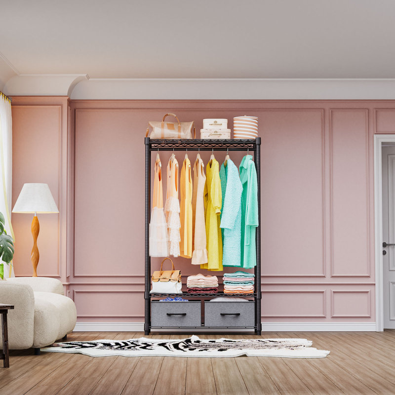 Organisateur de garde-robe autoportant 35,5 po avec tringle, tablettes réglables et 2 tiroirs en tissu pour chambre à coucher, appartement et salle de lavage, gris foncé