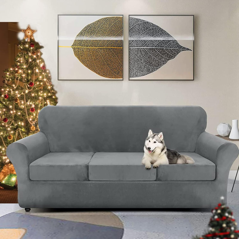 Housse pour canapé à coussins carrés/rectangulaires, H 91 po x l 110 po x P 6,4 po, Velours gris