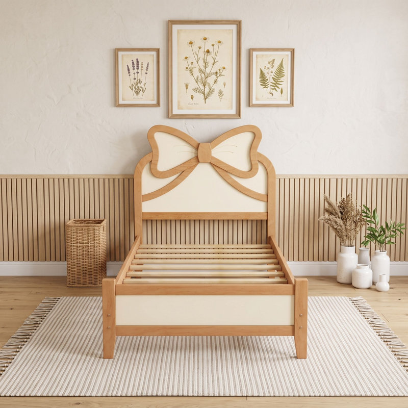 Structure de lit plateforme en bois avec tête de lit, plateforme à profil bas, Lit simple, Naturel beige