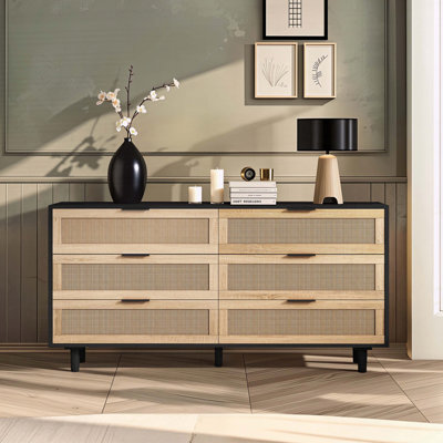 Commode 6 tiroirs en rotin noir avec glissières lisses
