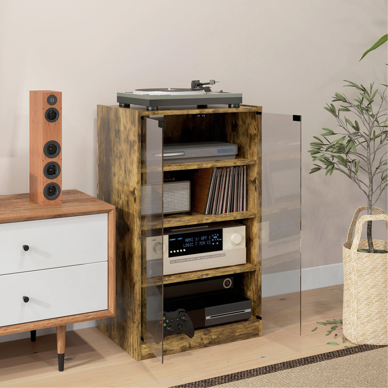 Media Cabinet, 4-Tier Stereo Cabinet, Modern Audio Video Media Stand With Adjustable Shelves, Tempered Glass Doors, And Cable Management, Rustic Brown