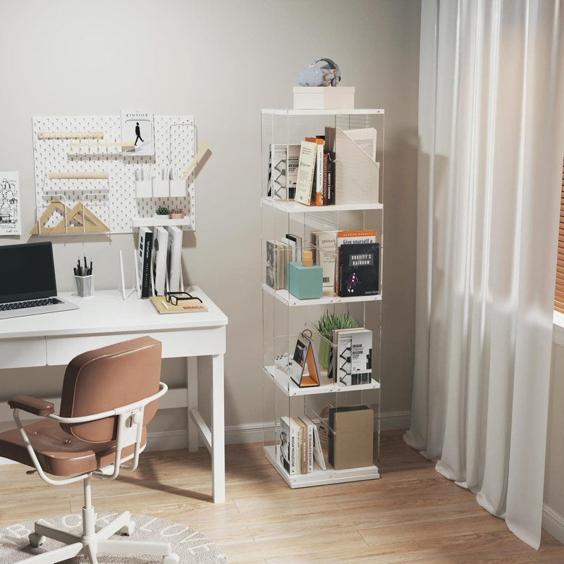 Bibliothèque pivotante à 360 degrés avec tablettes en acrylique, bibliothèque rotative autoportante à 4 niveaux pour le bureau à domicile et le rangement du salon