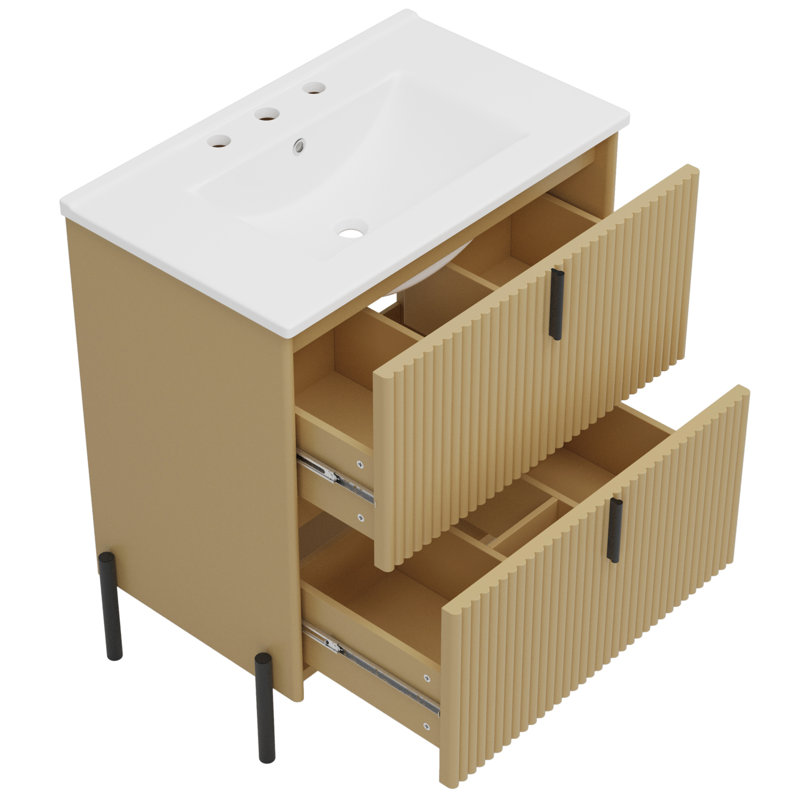 Colophon 30" Fluted Bathroom Vanity With Ceramic Sink & Drawers, Natural