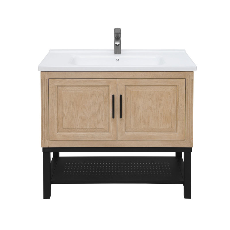 Meuble-lavabo 36 po avec lavabo en céramique blanc et robinet d'eau chaude et froide, armoire de salle de bain autoportante avec 2 portes de rangement et tablette ouverte en fer pour la salle de bain