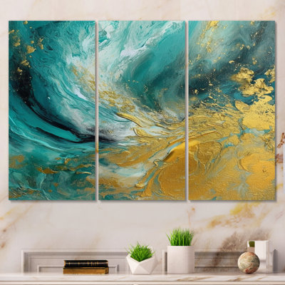 «Golden Turquoise Waves Breaking Abstract III» sur toile, reproduction de 3 pièces