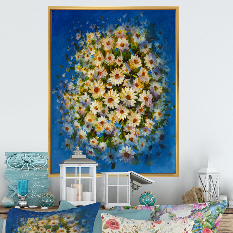 Camomille, fleurs sauvages blanches, bleu - art mural traditionnel sur toile, H 40 po x l 30 po x P 1,5 po