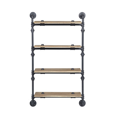 Brantley 4 Tier Industrial Wall Rack with Oak & Black Finish - Metal Frame Display Shelving for Home Office Living Room