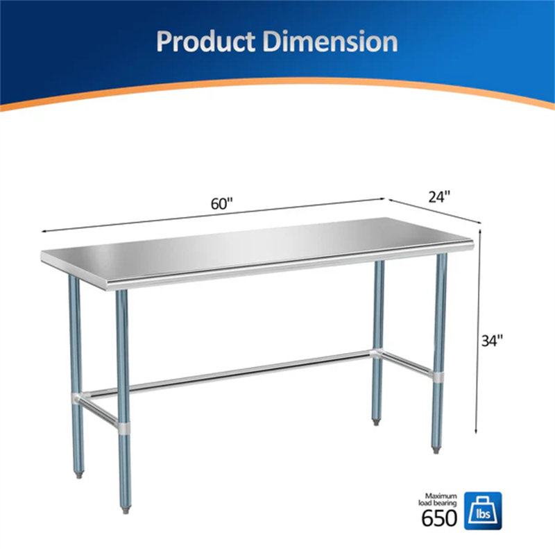Open Base Stainless Steel Table, 34" H x 60" W x 24" D