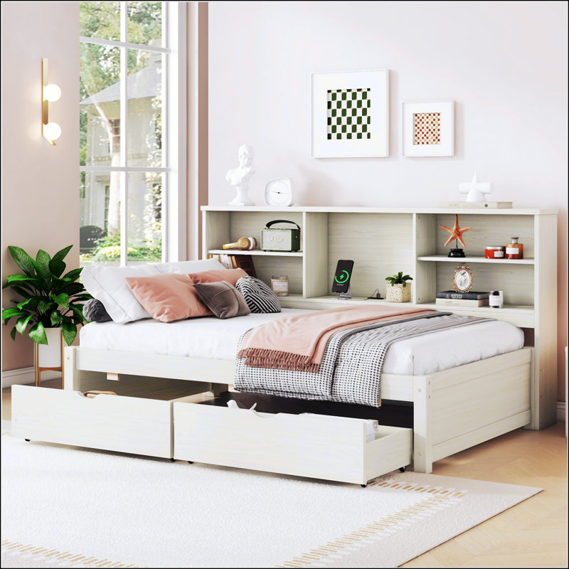 Structure de lit simple avec tablettes latérales et tiroirs, port USB, Blanc crémeux