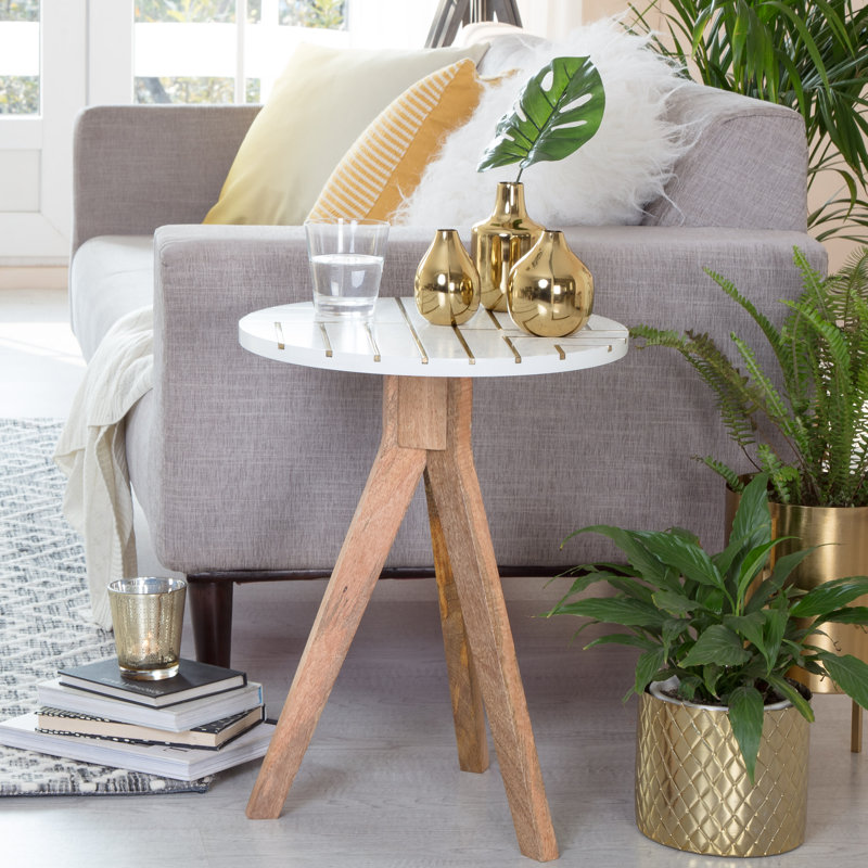 Amari White and Brass Inlay Round Wood Side Table