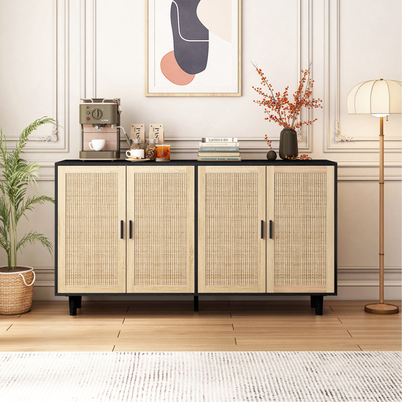 62.20"Elegant And Functional 4-Door Rattan Decorative Storage Cabinet,For Bedroom,Living Room,Office,Easy Assembly, Black