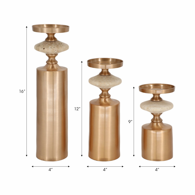 Set of 3 Metal and Marble Pillar Candle Holders & Taper Holders - Decorative Accent for Home Decor.