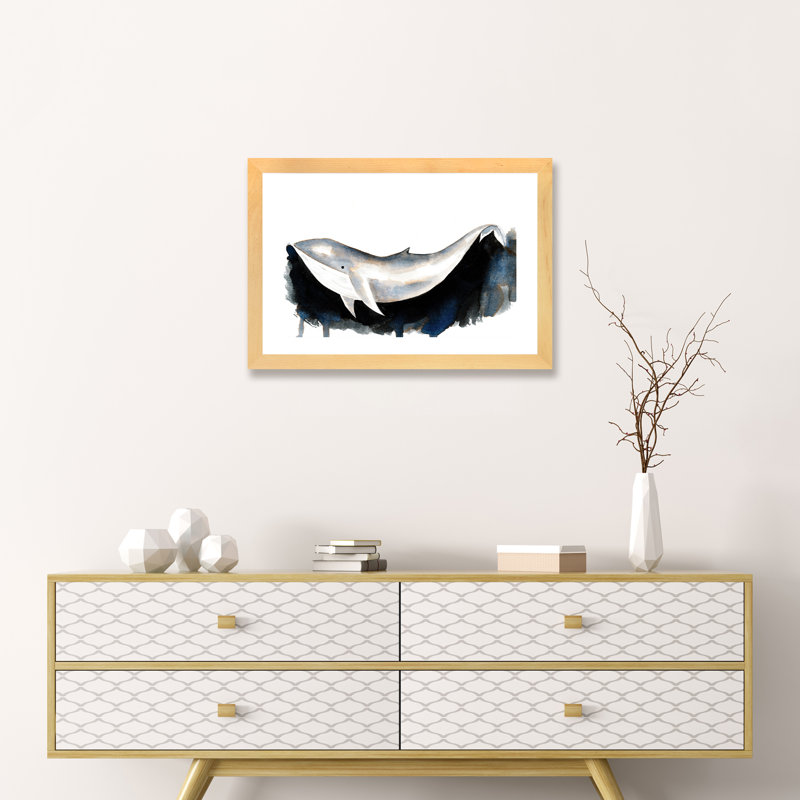 Baleine II - impression, Papier avec cadre beige, Blanc, H 16 po x l 24 po x P 1 po