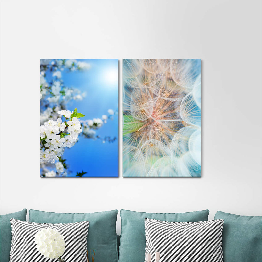 2-tlg. Leinwandbilder-Set - Grafikdruck „Spring Tree Blossoms White Flowers Blowball Sun Brightening Sunshine”