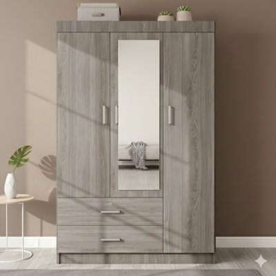 Armoire à vêtements à trois panneaux avec surface réfléchissante et tablettes intérieures, finition grise