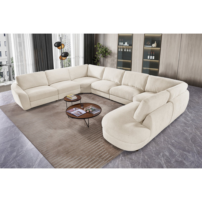 Upholstered Two-color Chenille 7-piece Large Corner Sectional, Slope-Armrest & Curved Chaise, Ivory Beige Chenille