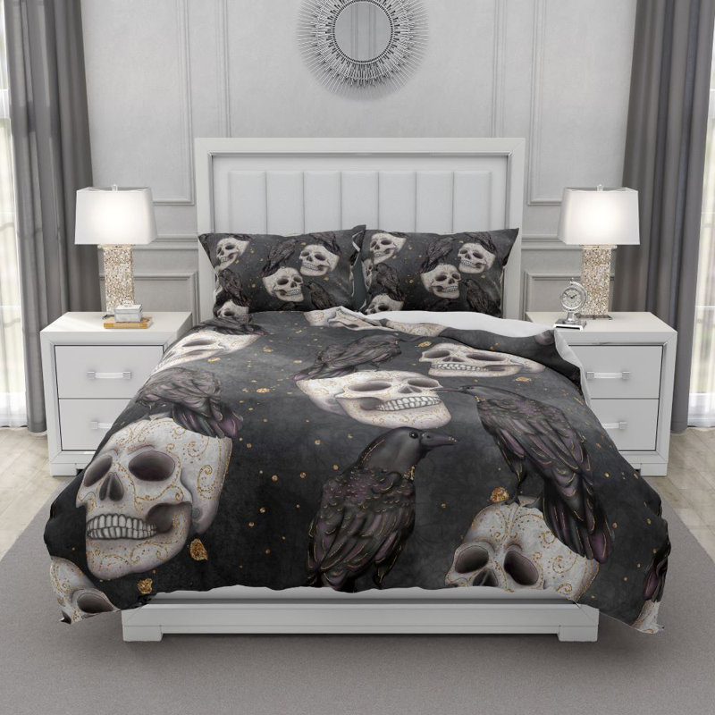  Ensemble de housse de couette Grayscale Calavera Skull, Housse de couette grand et 2 taies décoratives