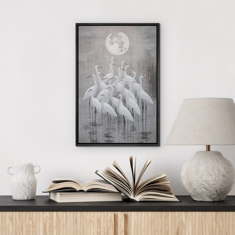Reproduction d'art sur toile encadrée «A Flock of Cranes Heron Under Full Moon», H 36 po x l 24 po, Noir, noir, noir, noir