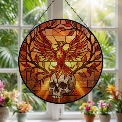 12"H Phoenix Skull Stained Glass Window Panel