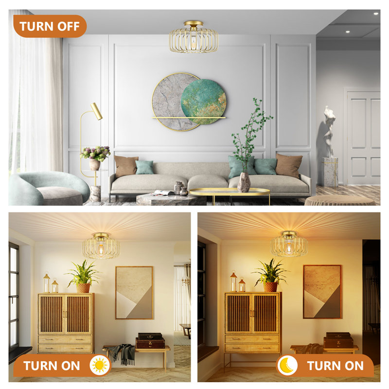 Modern Gold Metal Semi Flush Mount E27 Base Round Lampshade Ceiling Light for Kitchen, Hallway, Living Room, Bedroom, Dining Room