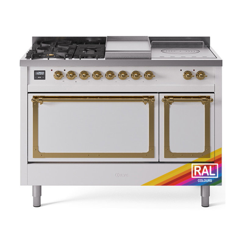 ILVE Nostalgie II Noblesse 48 inch Dual Fuel Range (5 Sealed Burners + Griddle + French Top, Natural Gas, Solid Door, RAL, Copper)