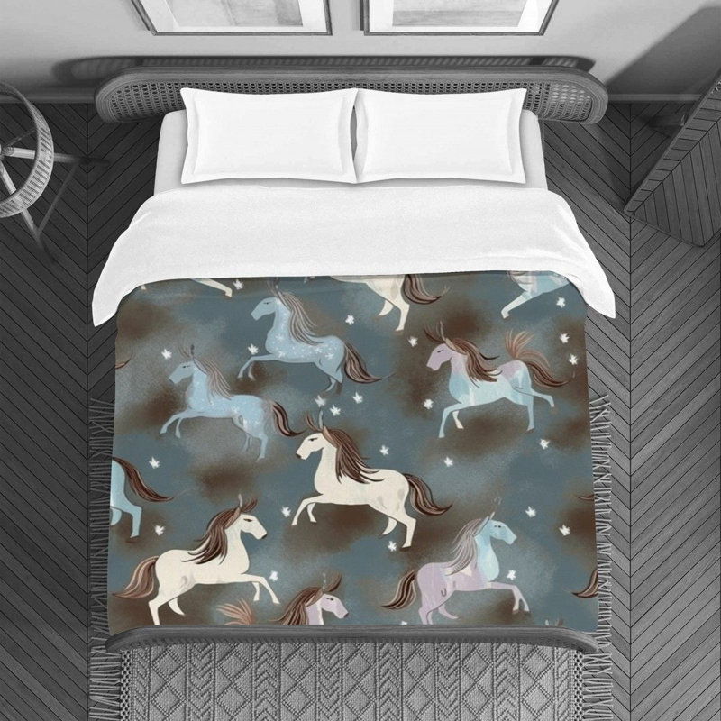 Unicorn Animals Blue Polyester Striped Duvet Cover, Twin Duvet Cover