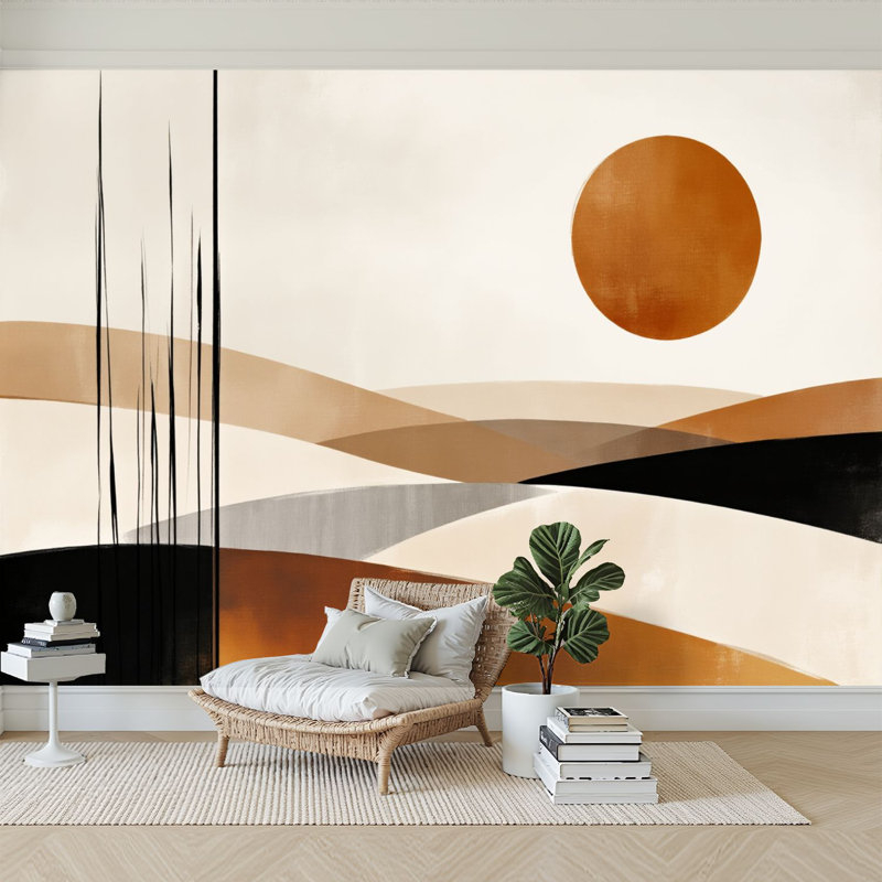 Papier peint adhésif moderne à décoller et à coller, motif mural autocollant pour chambre à coucher, paysage abstrait, soleil orange, tons terreux incurvés