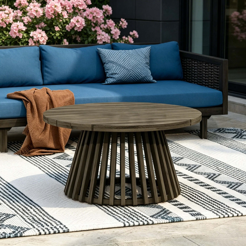 Grey Finish Acacia Wood Round Outdoor Coffee Table, Pedestal Patio Table For Backyard, Lawn & Balcony, Gray