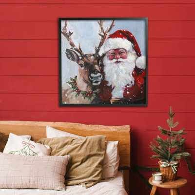 «Rosy Cheeked Santa & Reindeer», giclée encadrée, design par Sara Culpepper