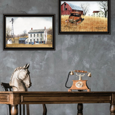 2 Home Decoration Art: Washday And Granddad's Old Truck. Black Framed. Wood+Paper. 14"X1"X20", 5Lb. Living Room, Bedroom Wall Art. Produced Stylish Framed For Home. Room & Decoration. Made In