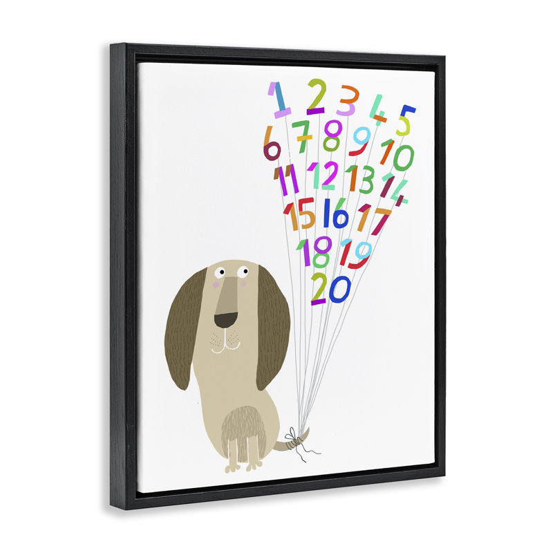 «Dog & Number Ballons», art mural encadré flottant par Carla Daly, Cadre flottant noir de jais, H 21 po x l 17 po