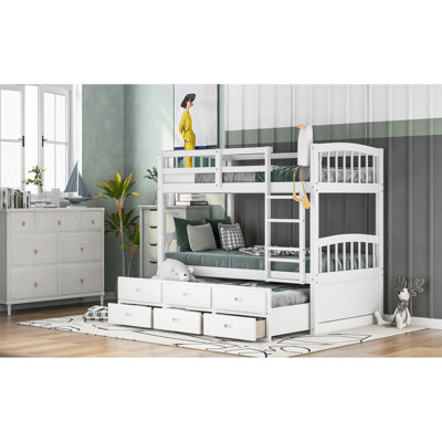 Twin Over Wood Bunk Bed In White With Trundle - Modern Sleep Option Bedroom Essential