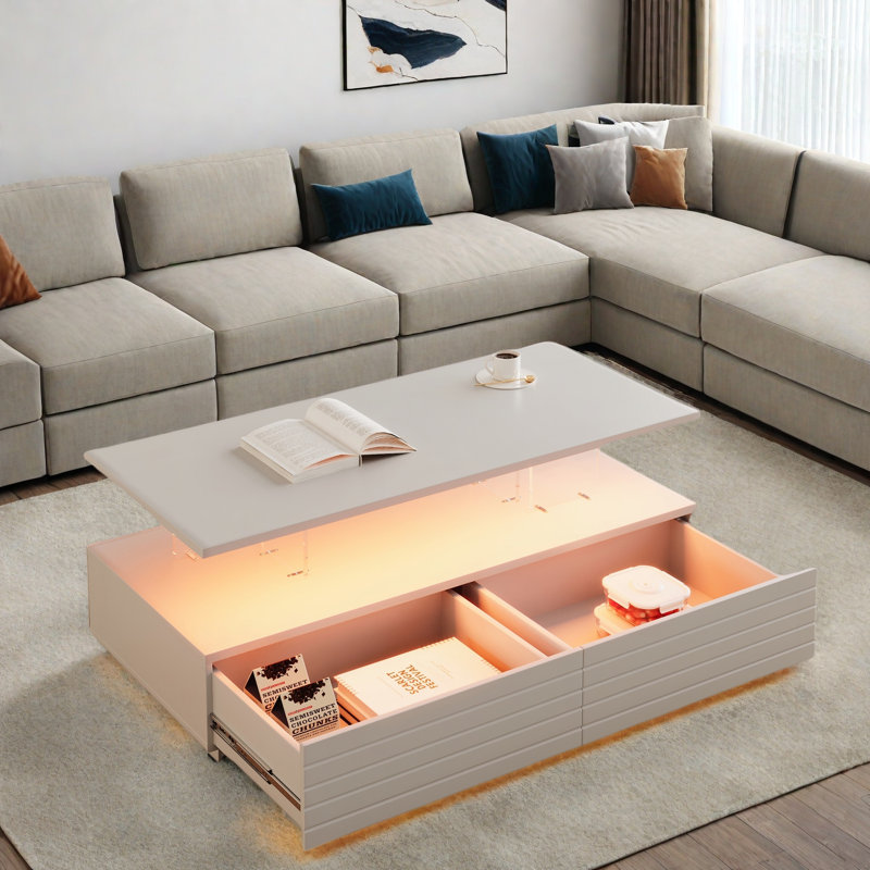 Modern Rectangular Coffee Table With Led Lights, 2 Drawers And Open Storage Shelf, White