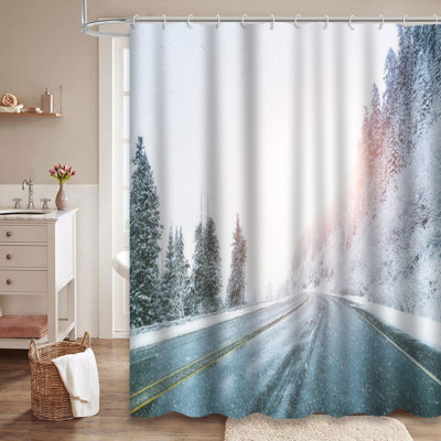 Snowy Road Winter Snowing Scenic Landscape Shower Curtain with 12 Hooks