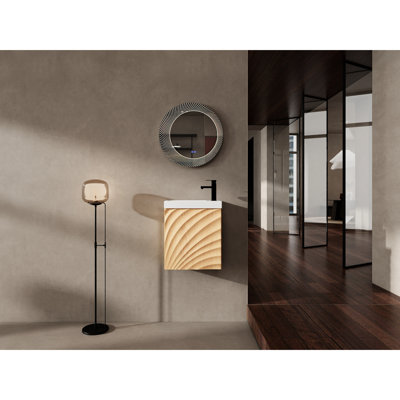 Ensemble de meuble-lavabo mural 18,5 po avec lavabo en résine, porte simple à fermeture en douceur, bois naturel et ensemble de rangement moderne