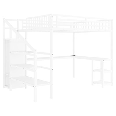 Metal Queen Loft Bed With Remote - Adjustable Led Speed, Charging, And Under Storage Station, Lighting, For Adults