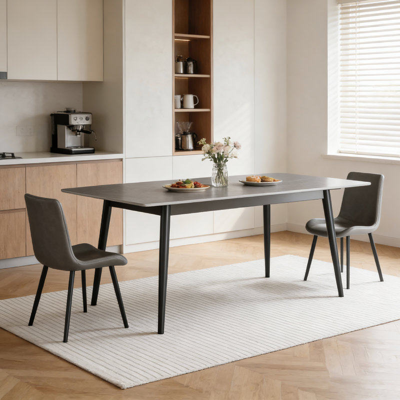 Modern Grey Dining Table, Sintered Stone Top with Marble Vein Pattern, Four Carbon Steel Feet, 75cm H x 120cm W x 70cm D