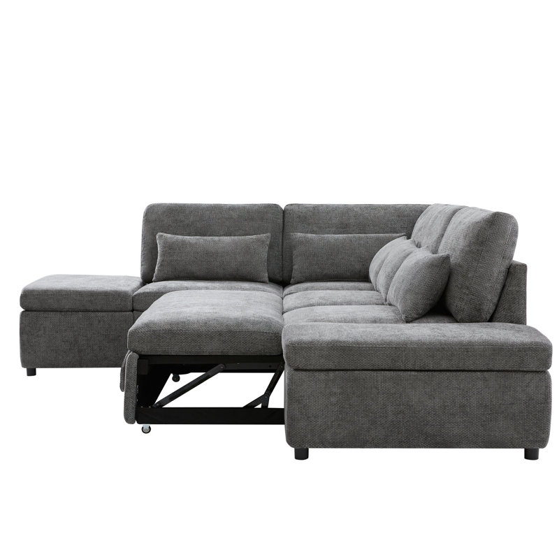 107'' Sectional Sleeper Sofa Bed With Pull Out Couch, L-Shaped With Adjustable Armrest, USB&Type-C Charging, Free Movement Storage Ottoman, Free Combination For Living Room&Apartment, Chenille