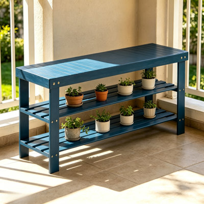 Banc de rangement à chaussures à 3 niveaux en bois massif Coastal Blue