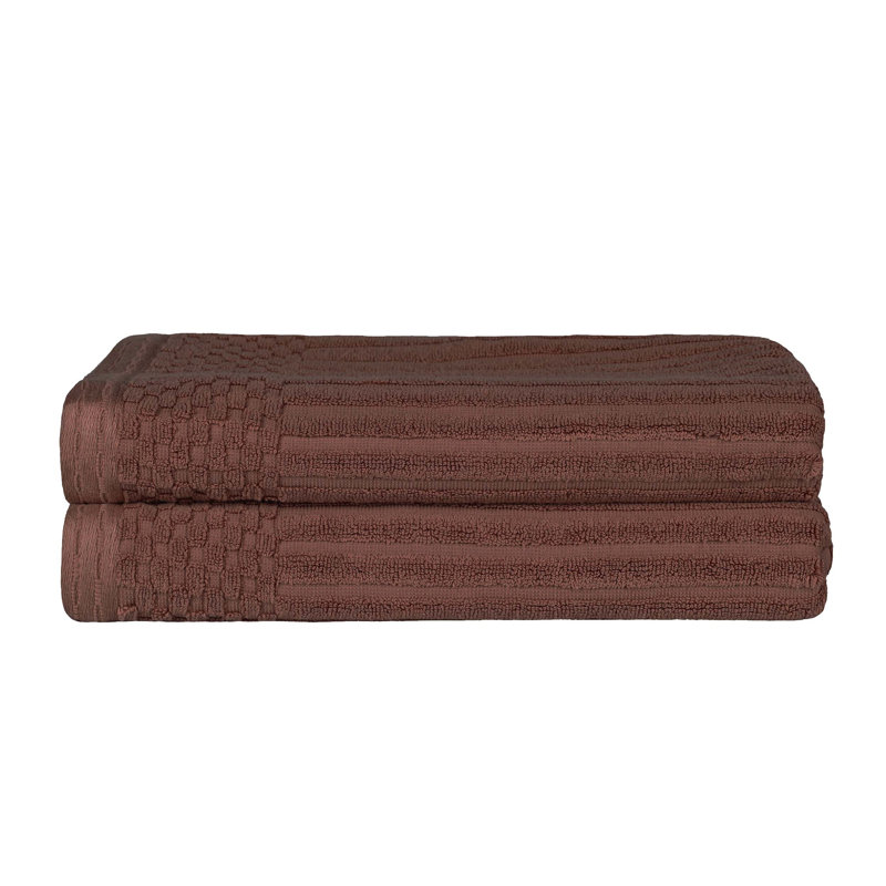 Ruvins Cotton Highly Absorbent Solid and Checkered Border Bath Towel Set, Brown
