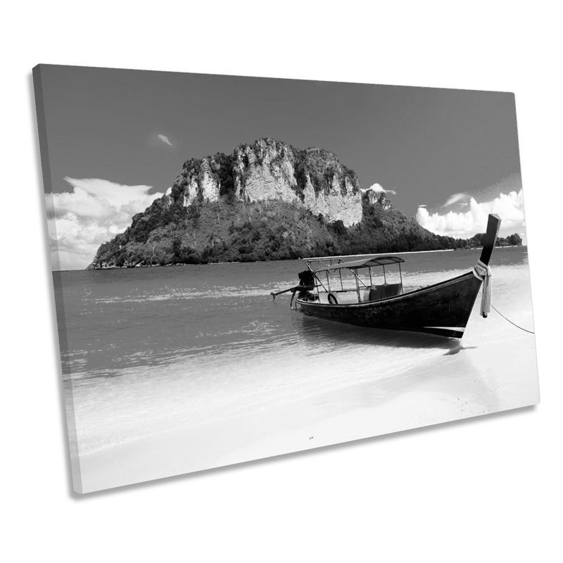 Thailand Beach Sunset Boat B&W - Wrapped Canvas Print, 40.6cm H x 61cm W x 2cm D