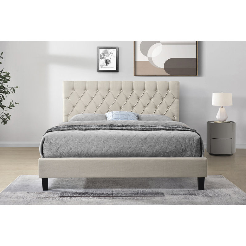 Lit plateforme tapissier touffeté, Beige, Très grand