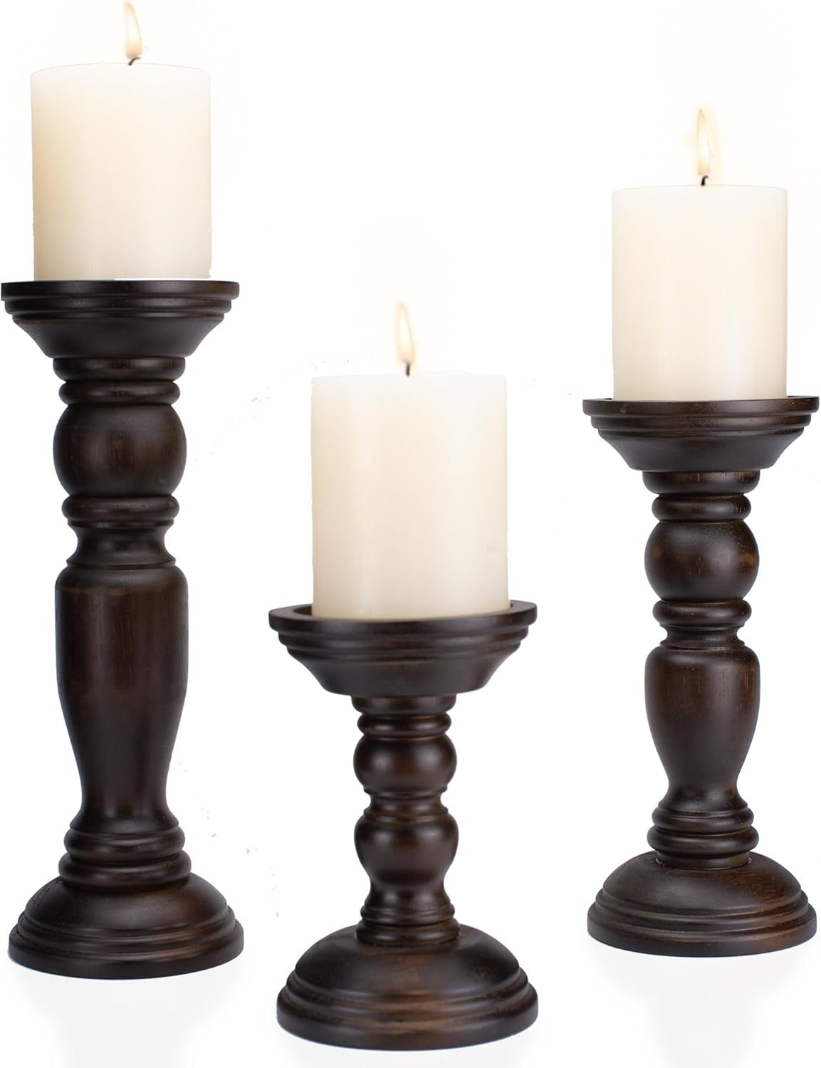 One Allium Way® Set Of 3 Rustic Wooden Pillar Candle Holders | Wayfair