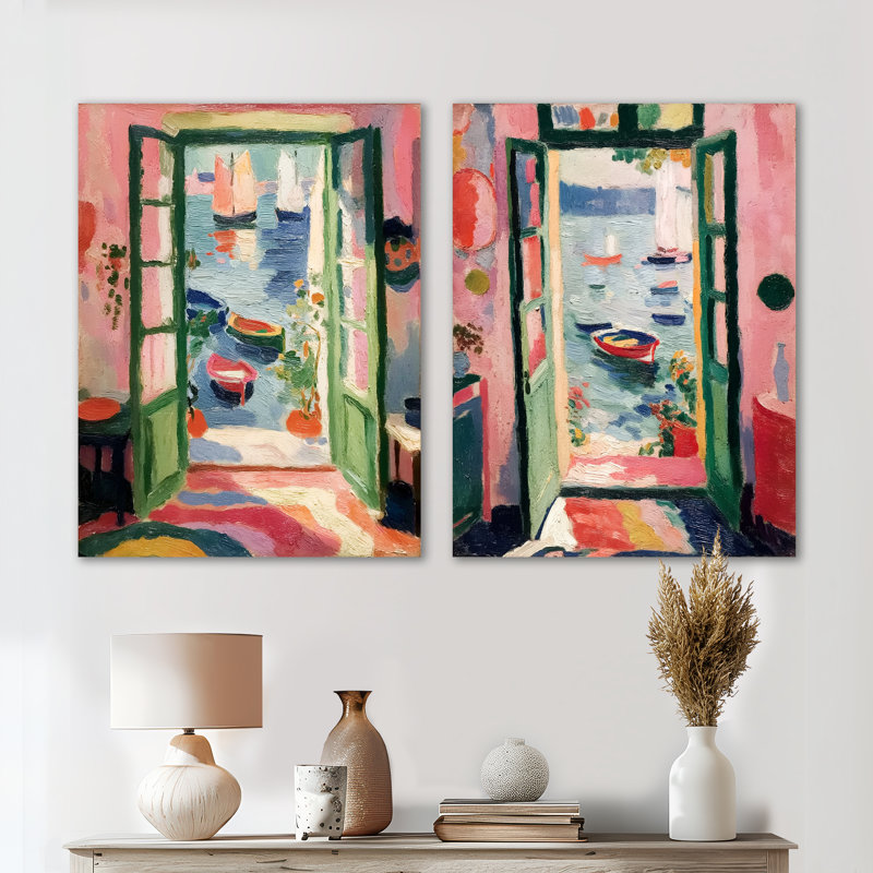 «Italian Summer Window Scenery», ensemble de 2 impressions murales nautiques en métal, H 32 po x l 48 po