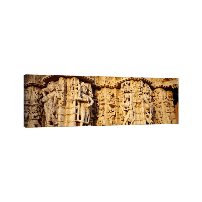 Sculptures Carved On A Wall Of A Temple, Jain Temple - Wrapped Canvas Panoramic Print, 30.48 cm H x 91.44 cm W x 1.91 cm D